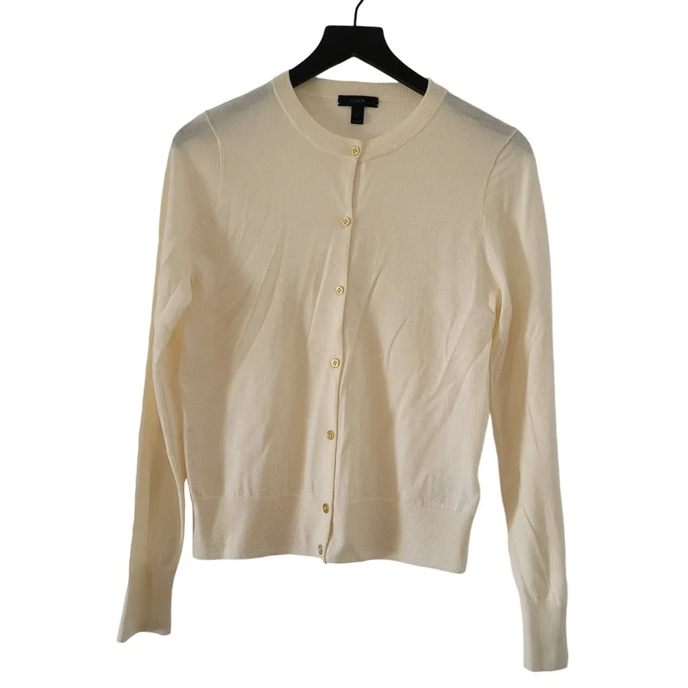 J Crew Cardigan Sweater Size Medium Cream Merino Wool Long Sleeve Preppy
